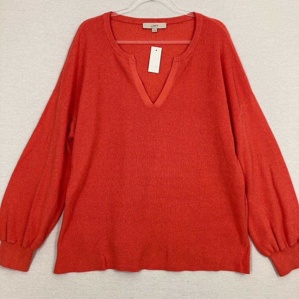 New LOFT Red V‎ Neck Puff Sleeve Tight Knit Lightweight Sweater XXL Preppy